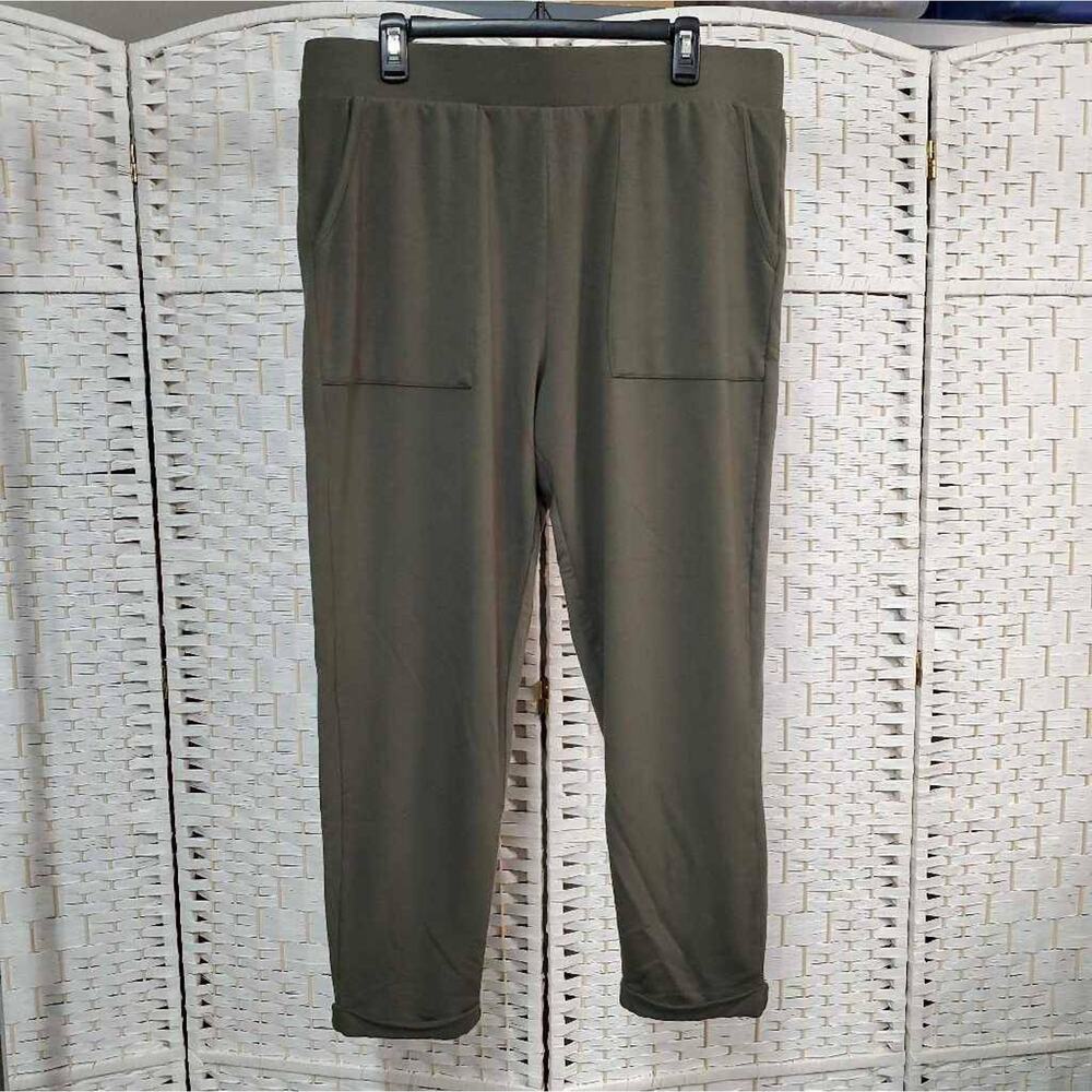 New Ava & Viv Womens 1X Jogger Pants Olive Green Fleece Pull On Pockets Stretch